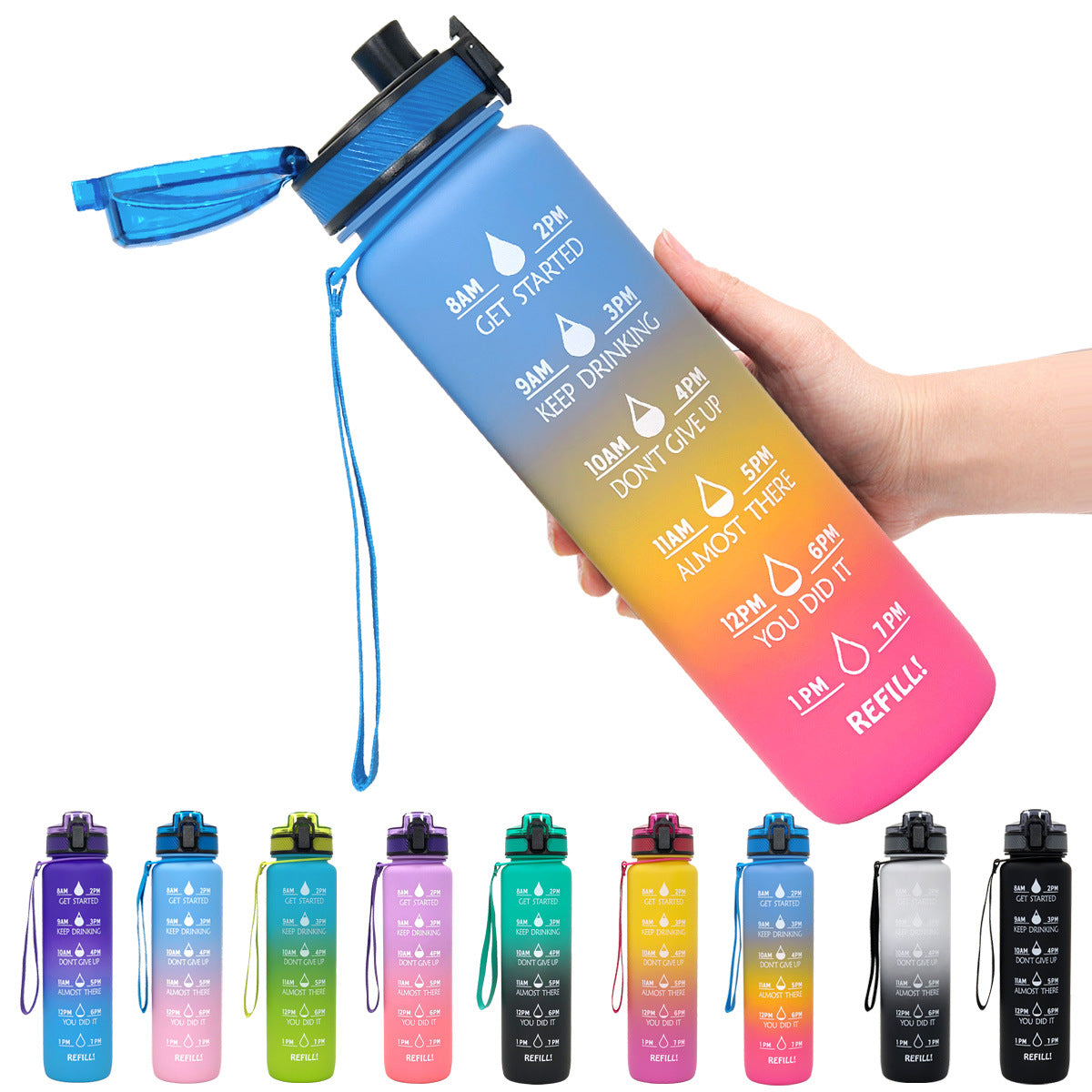 LumaVoyage 1L Motivational Water Bottle — Time Marker & Bounce Cover for Daily Hydration