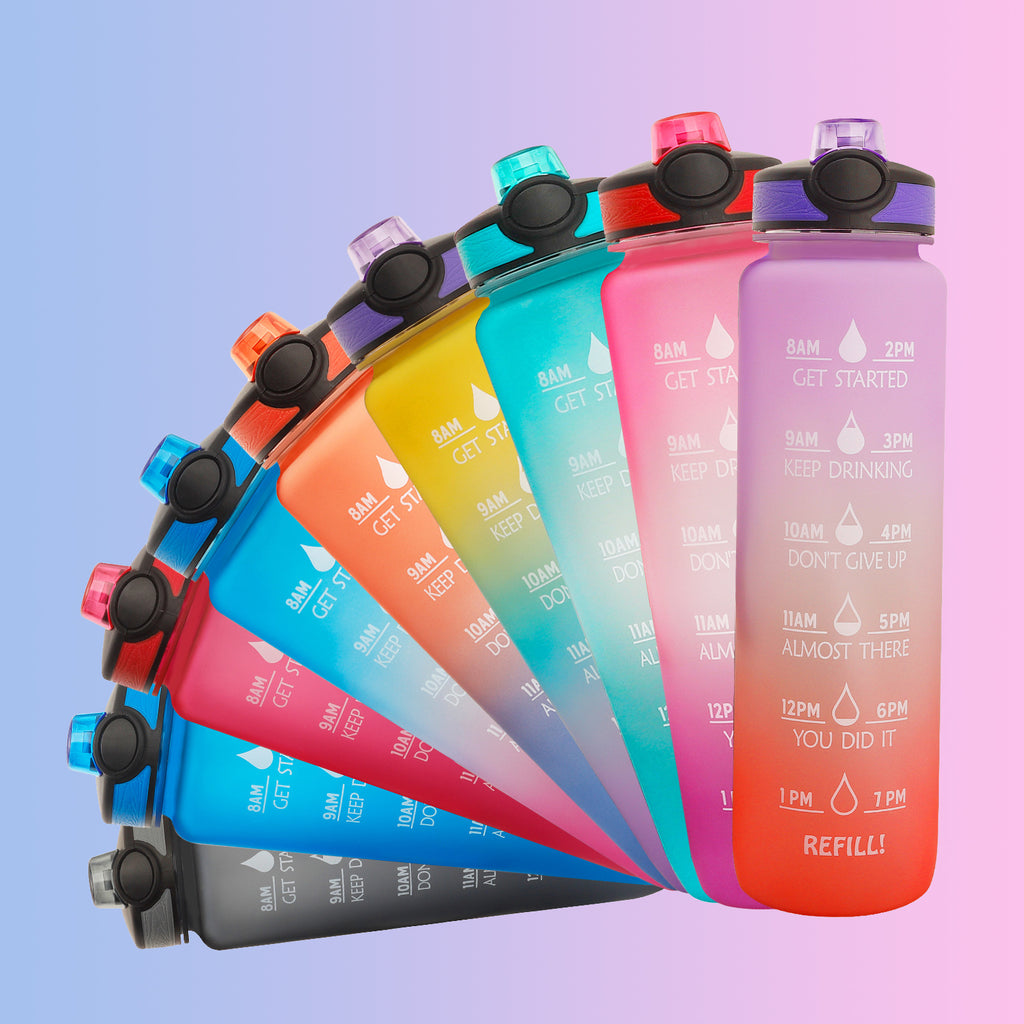 LumaVoyage 1L Motivational Water Bottle — Time Marker & Bounce Cover for Daily Hydration