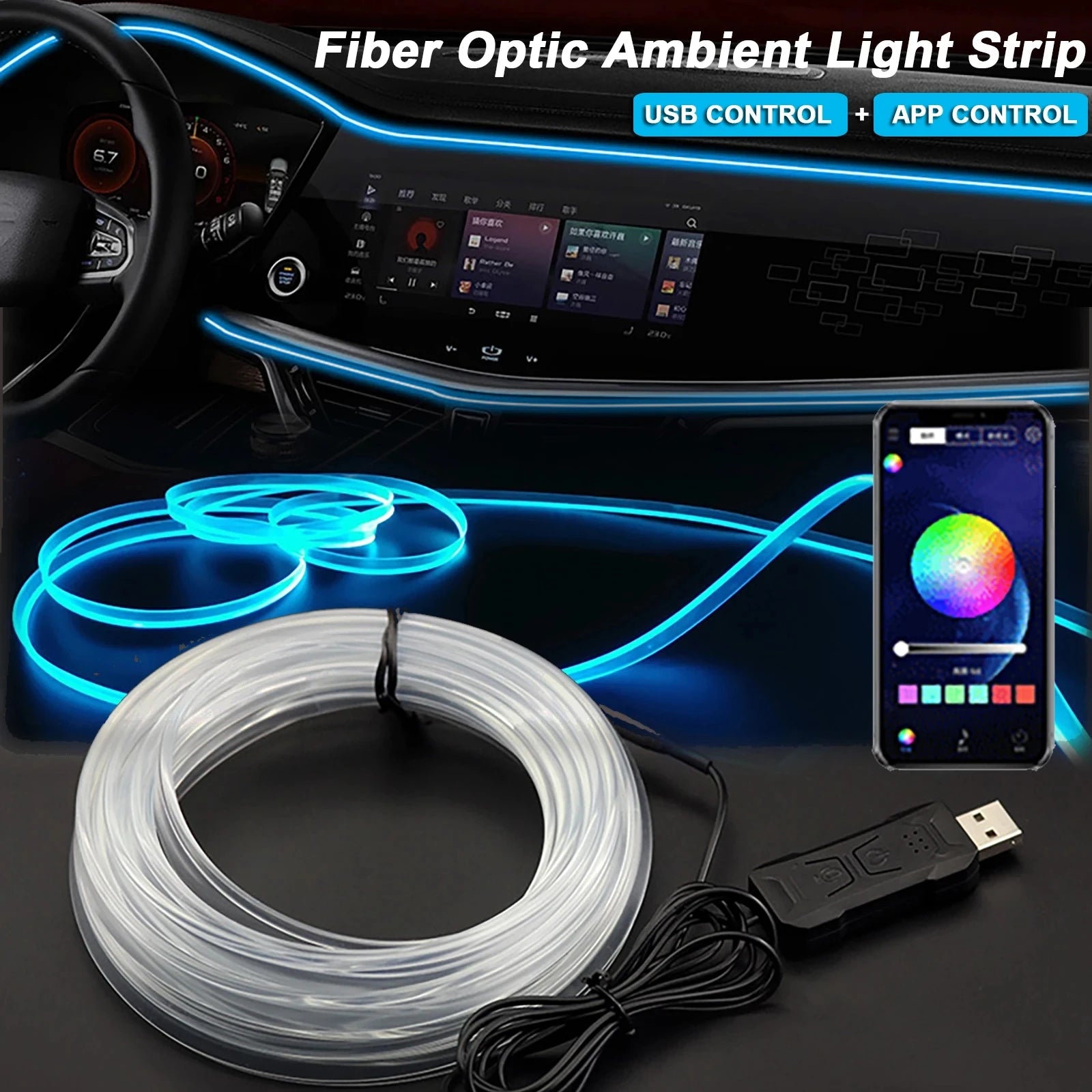 LumaVoyage Car LED Interior Ambient Lights — USB App-Controlled RGB Strip with Music Sync